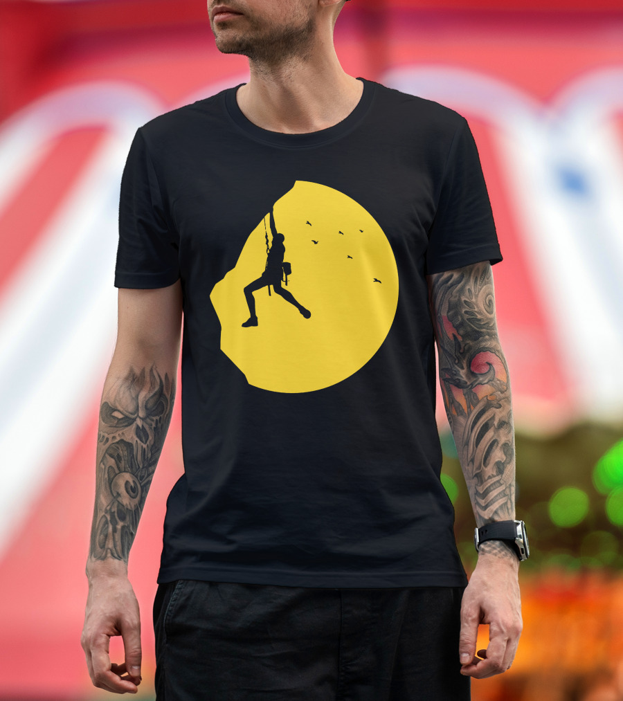 Adrenaline Addict Rock Climbing Silhouette Against Yellow Sun with Birds T-Shirt