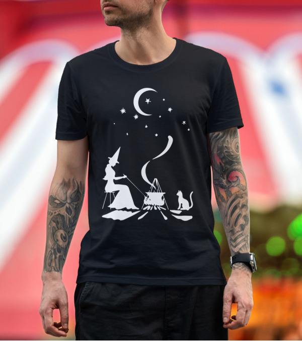 Premium T-Shirt: Happy Witch and Cat Under Moon Stars Camping Cooking Cauldron T-Shirt Happy Witch and Cat Under Moon Stars Camping Cooking Cauldron T-Shirt