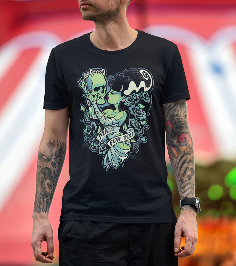 Bride Embraces Skeleton with Roses Made For You T-Shirt