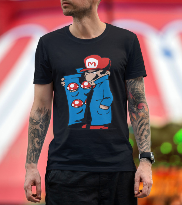 Premium T-Shirt: Mario Shroom Dealer Red Cap Blue Coat Mushrooms T-Shirt Mario Shroom Dealer Red Cap Blue Coat Mushrooms T-Shirt