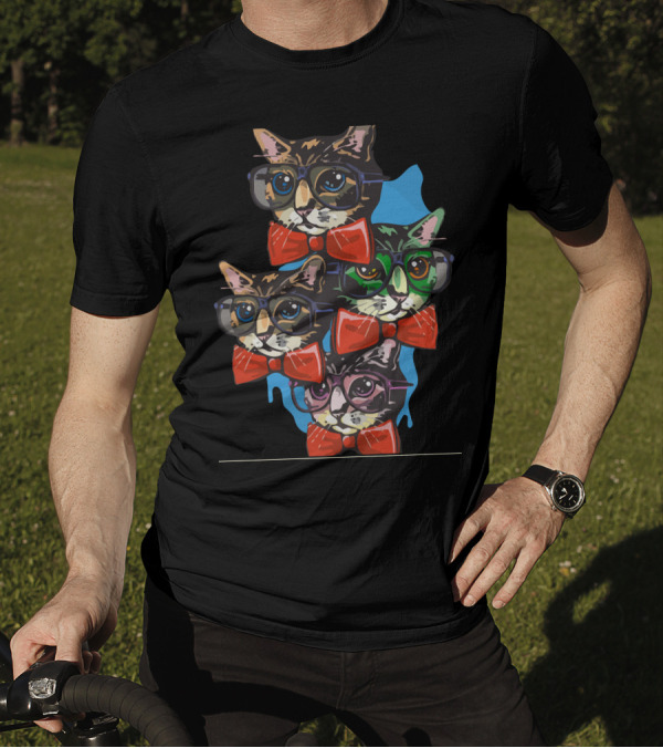 Nerd Cat Glasses And Bow Ties Quad T-Shirt