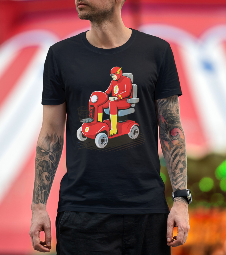 Slow Speedster on Red Mobility Scooter with Lightning Bolt Emblem T-Shirt