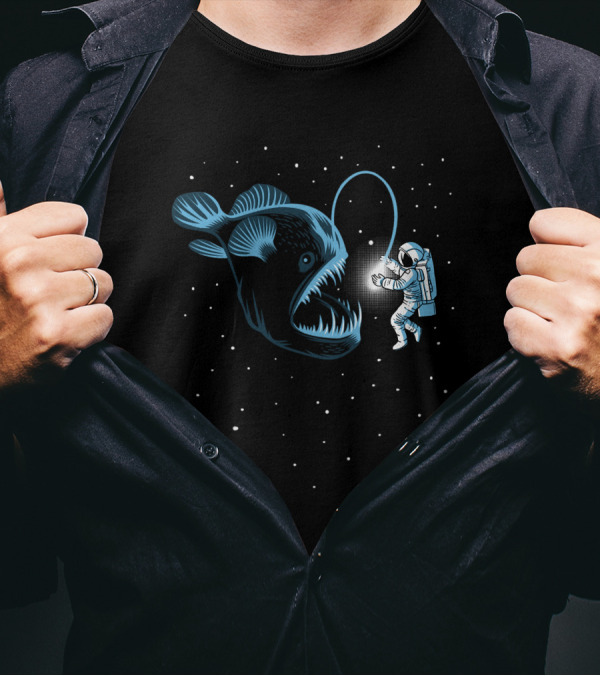 Netherfish Hunting Astronaut Space Encounter With Anglerfish-Like Creature T-Shirt