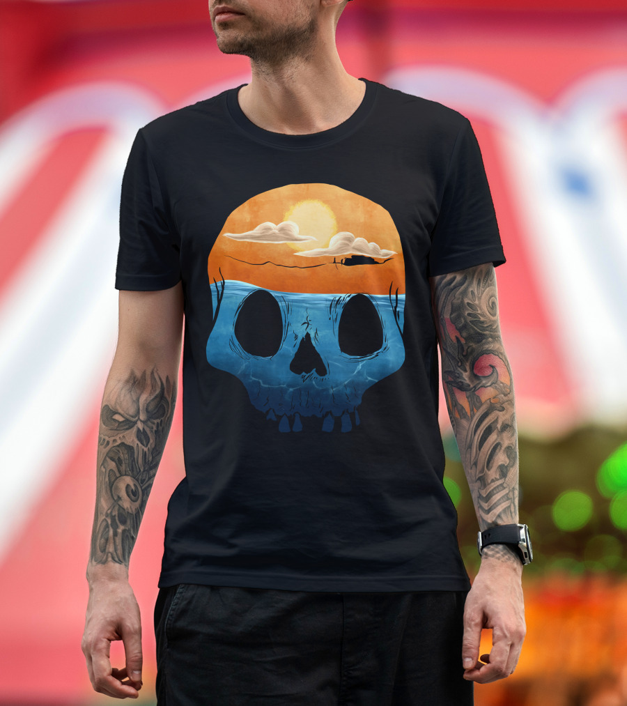 Sunset Over Ocean Skull with Clouds and Sun T-Shirt