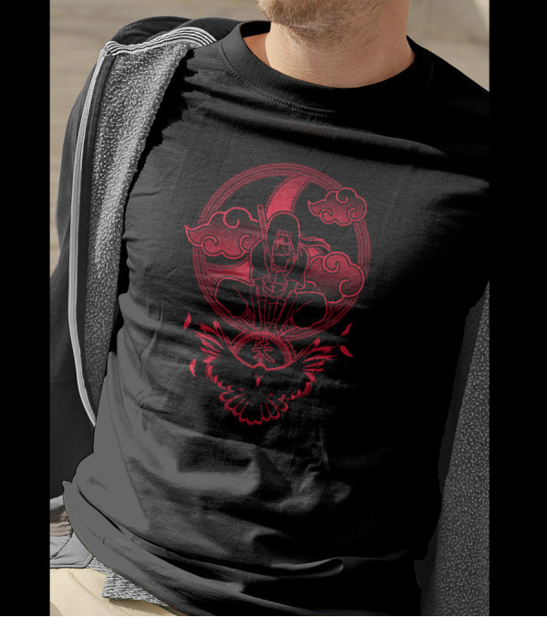 The True Shinobi Red Clouds And Crouching Warrior With Crescent Moon And Bird Elements T-Shirt