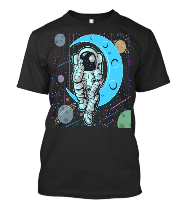 Thoughtful Astronaut On Crescent Moon With Colorful Planets T-Shirt