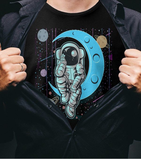 Thoughtful Astronaut On Crescent Moon With Colorful Planets T-Shirt