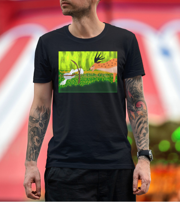 Premium T-Shirt: Dove with Bow Facing Spotted Deer in Forest Scene T-Shirt Dove with Bow Facing Spotted Deer in Forest Scene T-Shirt
