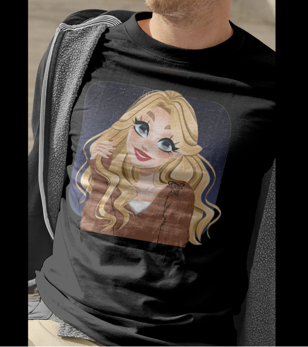 Blonde Cartoon Woman With Big Blue Eyes And Brown Jacket By Janna T-Shirt