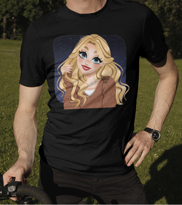 Blonde Cartoon Woman With Big Blue Eyes And Brown Jacket By Janna T-Shirt