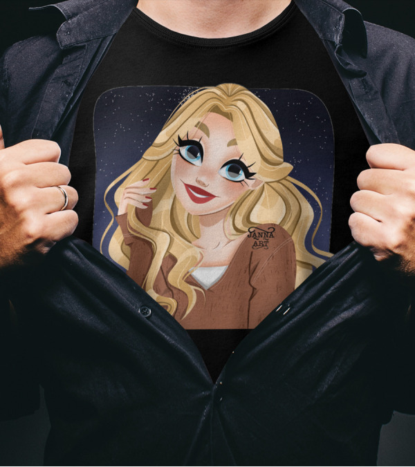 Blonde Cartoon Woman With Big Blue Eyes And Brown Jacket By Janna T-Shirt