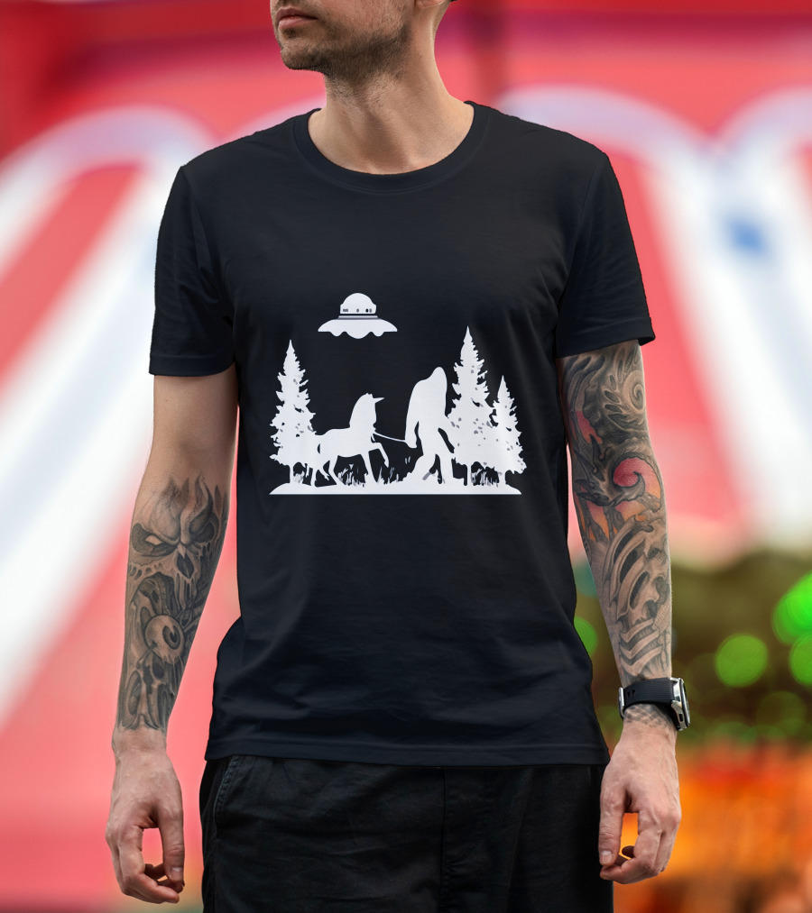 The Big One Walking a Unicorn with UFO Overhead and Stranger Watching T-Shirt