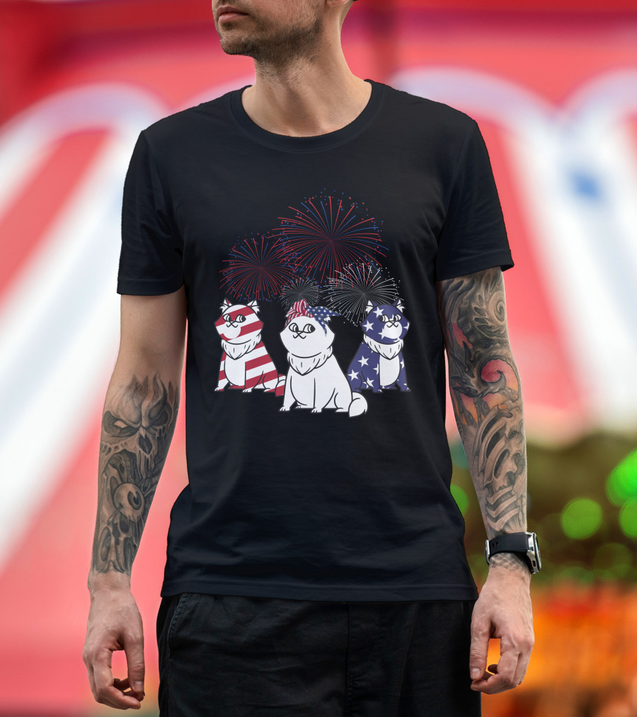 Patriotic Cat Trio American Flag 4th of July Fireworks T-Shirt