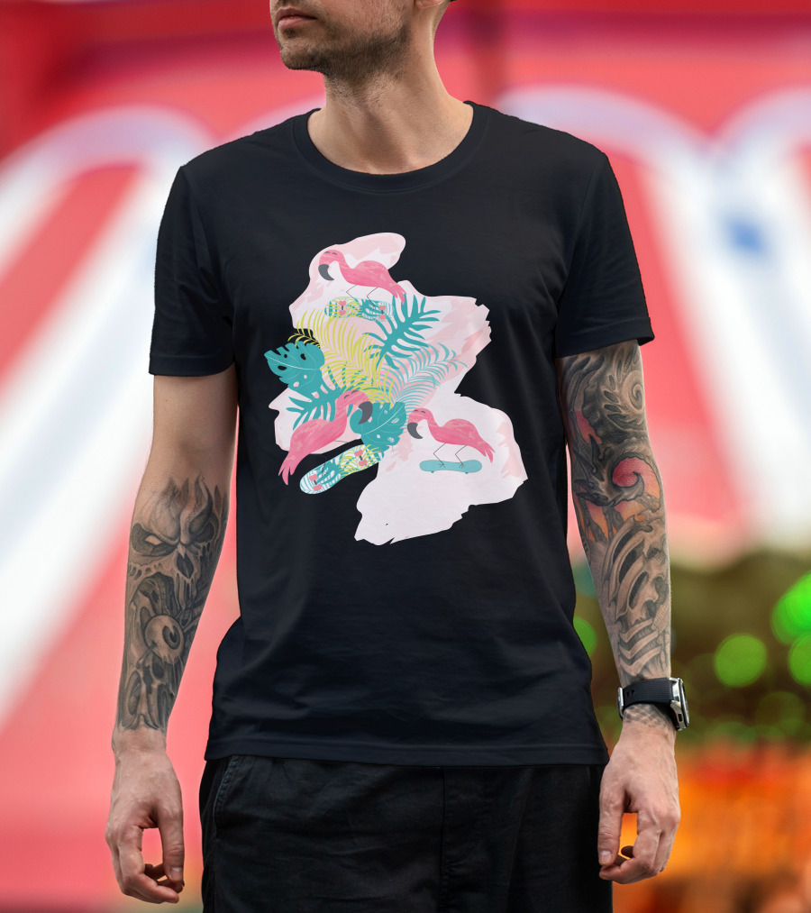 Flamingos Skateboarding Tropical Leaf Vibes T-Shirt