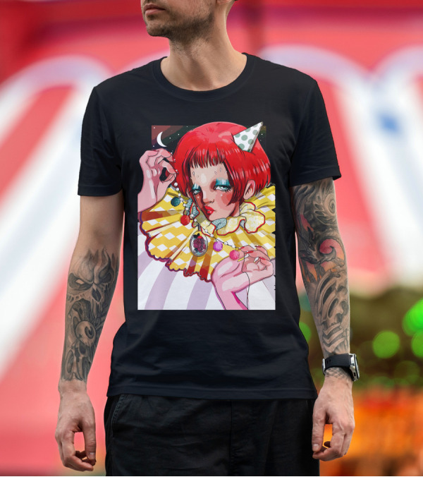 Premium T-Shirt: Pierrette Harlequin Clown Red Hair Polka Dot Hat Yellow Ruffled Collar T-Shirt Pierrette Harlequin Clown Red Hair Polka Dot Hat Yellow Ruffled Collar T-Shirt