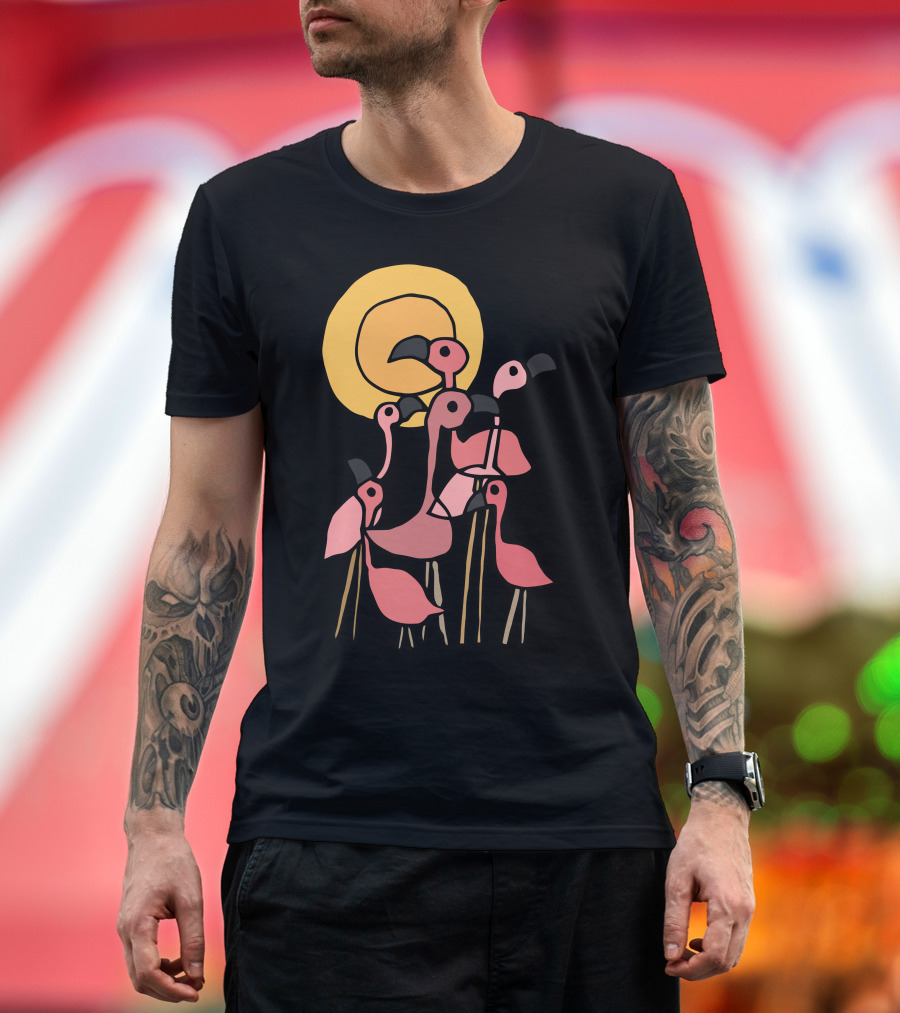 Playful Gathering of Pink Flamingo Birds Under the Sun T-Shirt