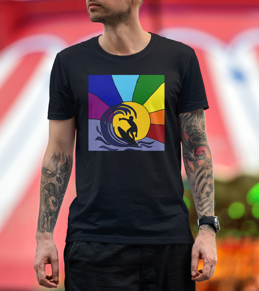 Awesome Surfer Riding Waves Against Sunset Rainbow Burst T-Shirt