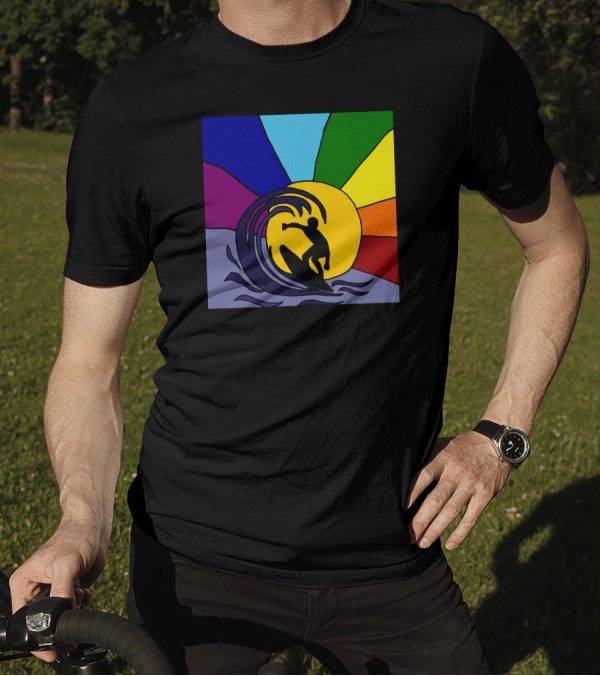 Awesome Surfer Riding Waves Against Sunset Rainbow Burst T-Shirt