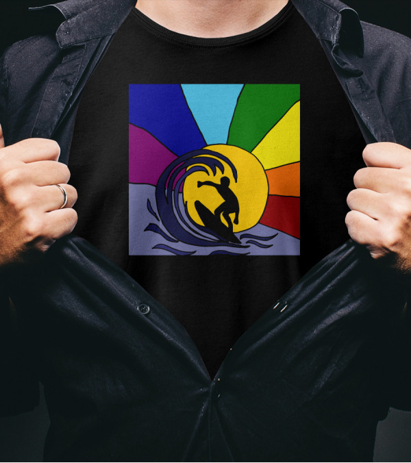 Awesome Surfer Riding Waves Against Sunset Rainbow Burst T-Shirt