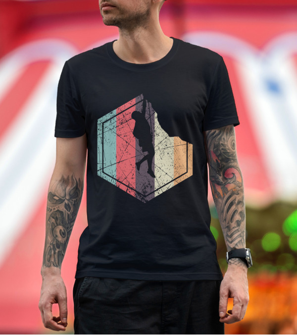 Premium T-Shirt: Climber Retro Hexagon Silhouette on Distressed Stripes T-Shirt Climber Retro Hexagon Silhouette on Distressed Stripes T-Shirt