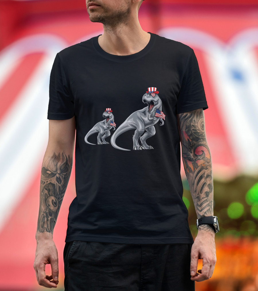 Daddy Dino Patriotic T-Rex with American Flag and Hat T-Shirt