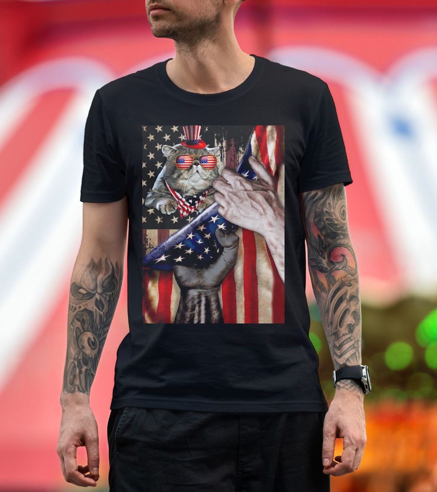 Meowica Cat 4th of July American Flag Celebration with Patriotic Accessories T-Shirt