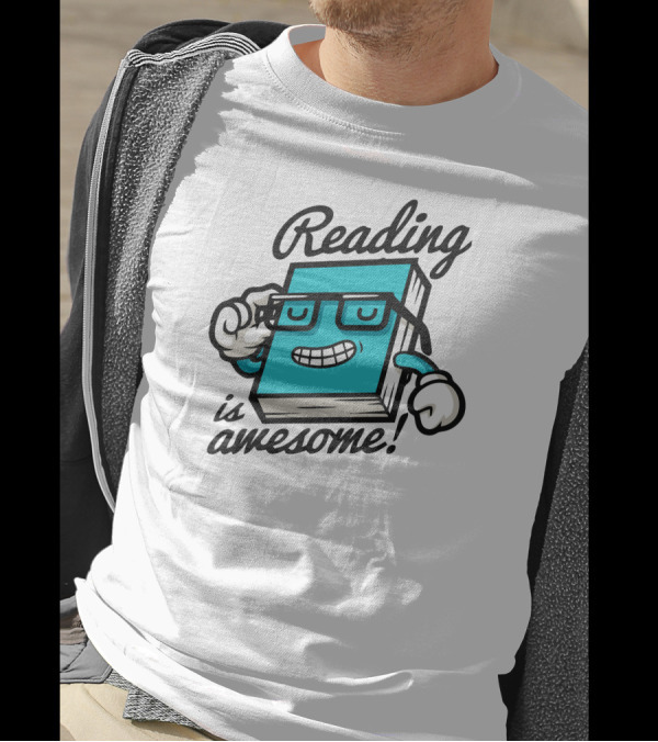 Reading Is Awesome Cartoon Book With Glasses And Smile T-Shirt