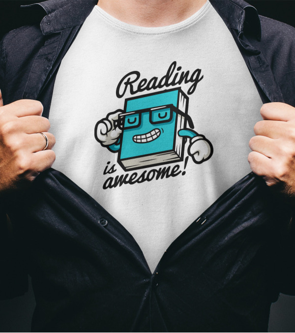 Reading Is Awesome Cartoon Book With Glasses And Smile T-Shirt