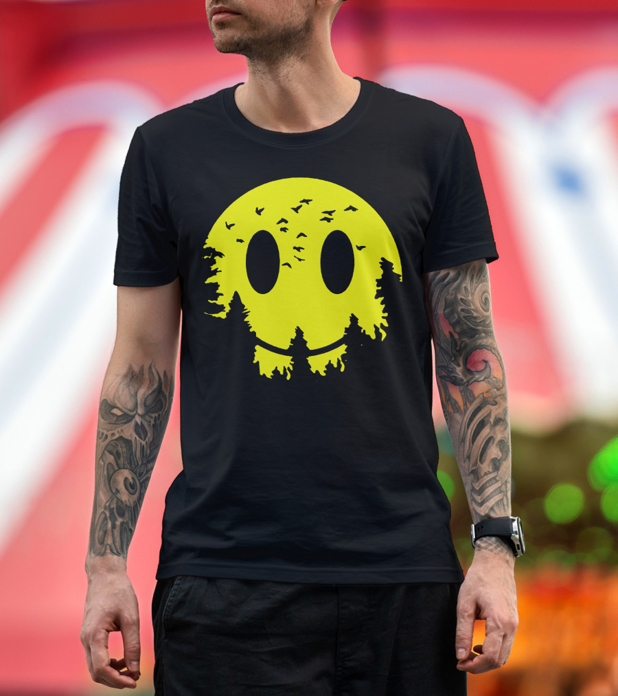 Smiley Moon Silhouette with Trees and Birds T-Shirt