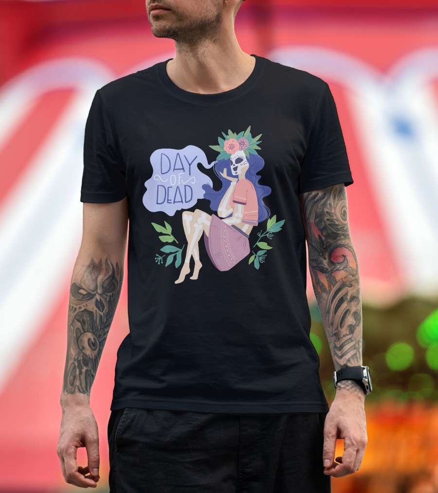 Day Of Dead Skeleton Woman with Flowers and Leaves T-Shirt