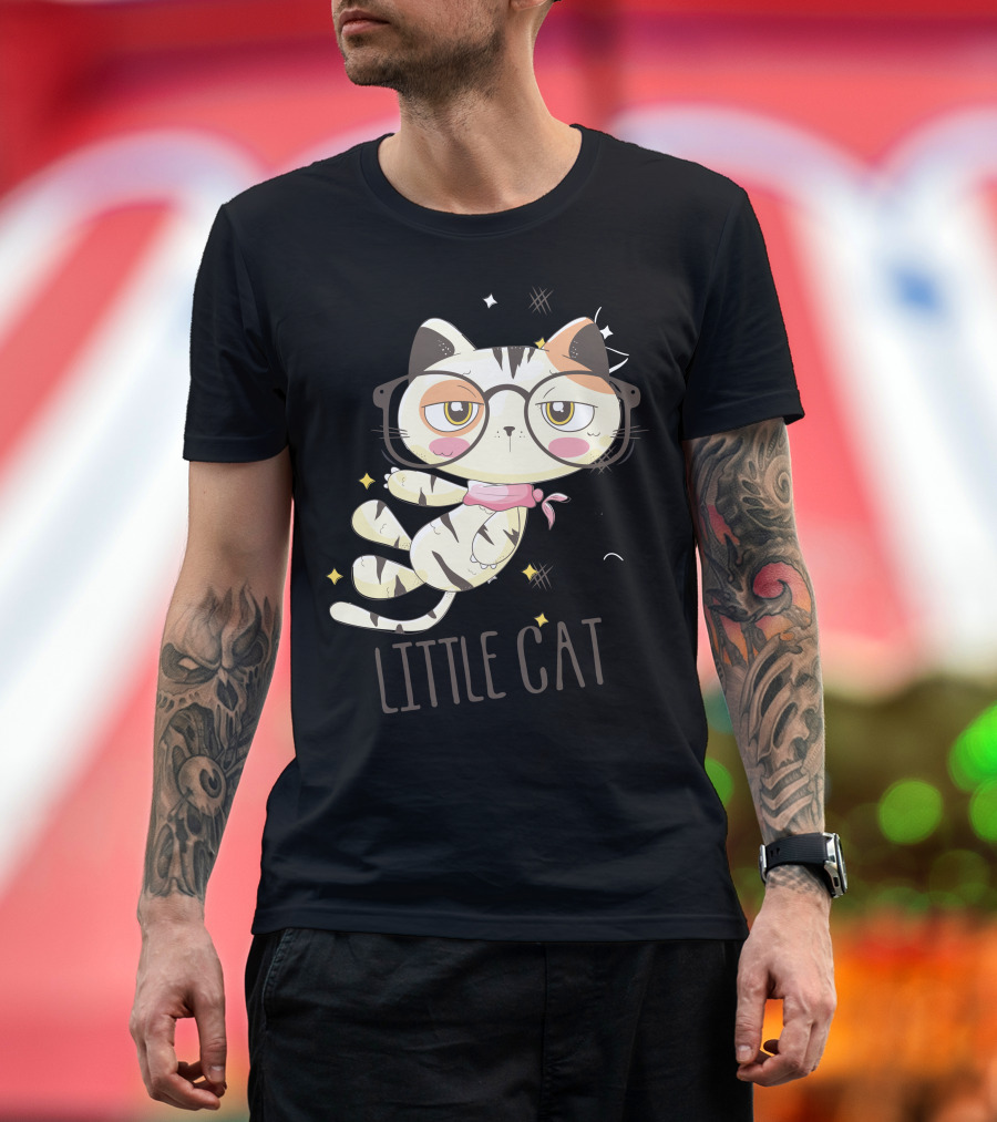 Little Cat Glasses Cartoon Calico Drawing T-Shirt