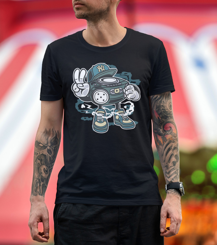 The Beat Hip Hop Radio NYC Style Boombox Character Sneakers Peace Sign T-Shirt