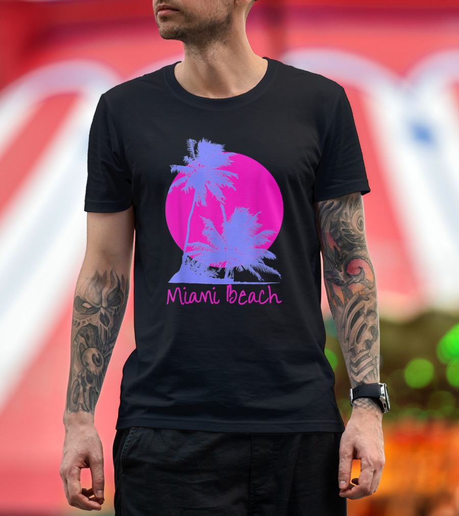 Miami Beach Palm Trees Against Vibrant Pink Sunset Summer Souvenir T-Shirt