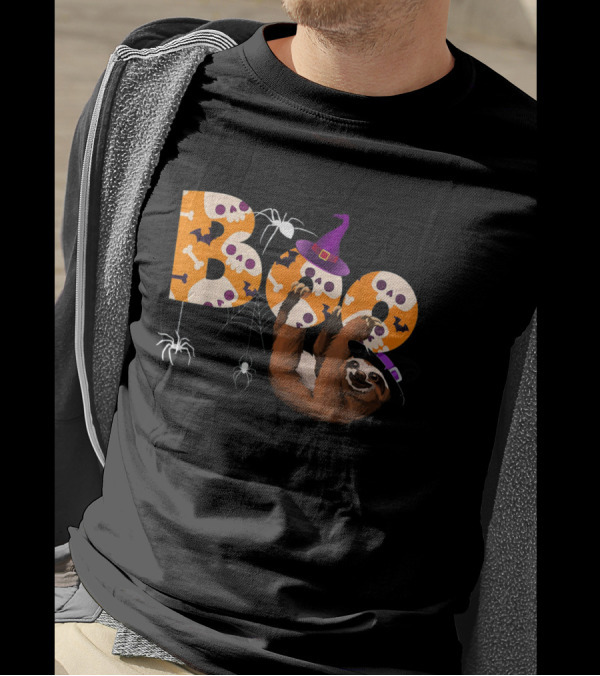 Boo Halloween Sloth Witch Hat Spider Bat Skull Bones T-Shirt
