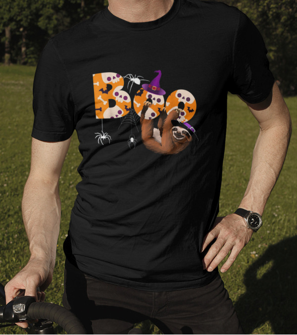 Boo Halloween Sloth Witch Hat Spider Bat Skull Bones T-Shirt