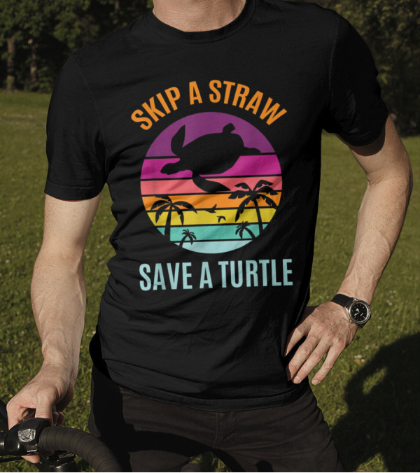 Skip A Straw Save A Turtle Ocean Lover With Sunset And Palm Trees T-Shirt