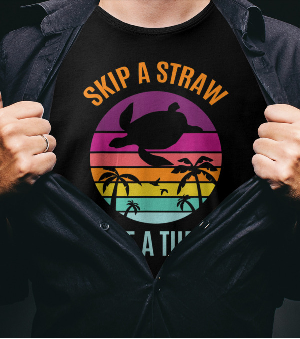 Skip A Straw Save A Turtle Ocean Lover With Sunset And Palm Trees T-Shirt