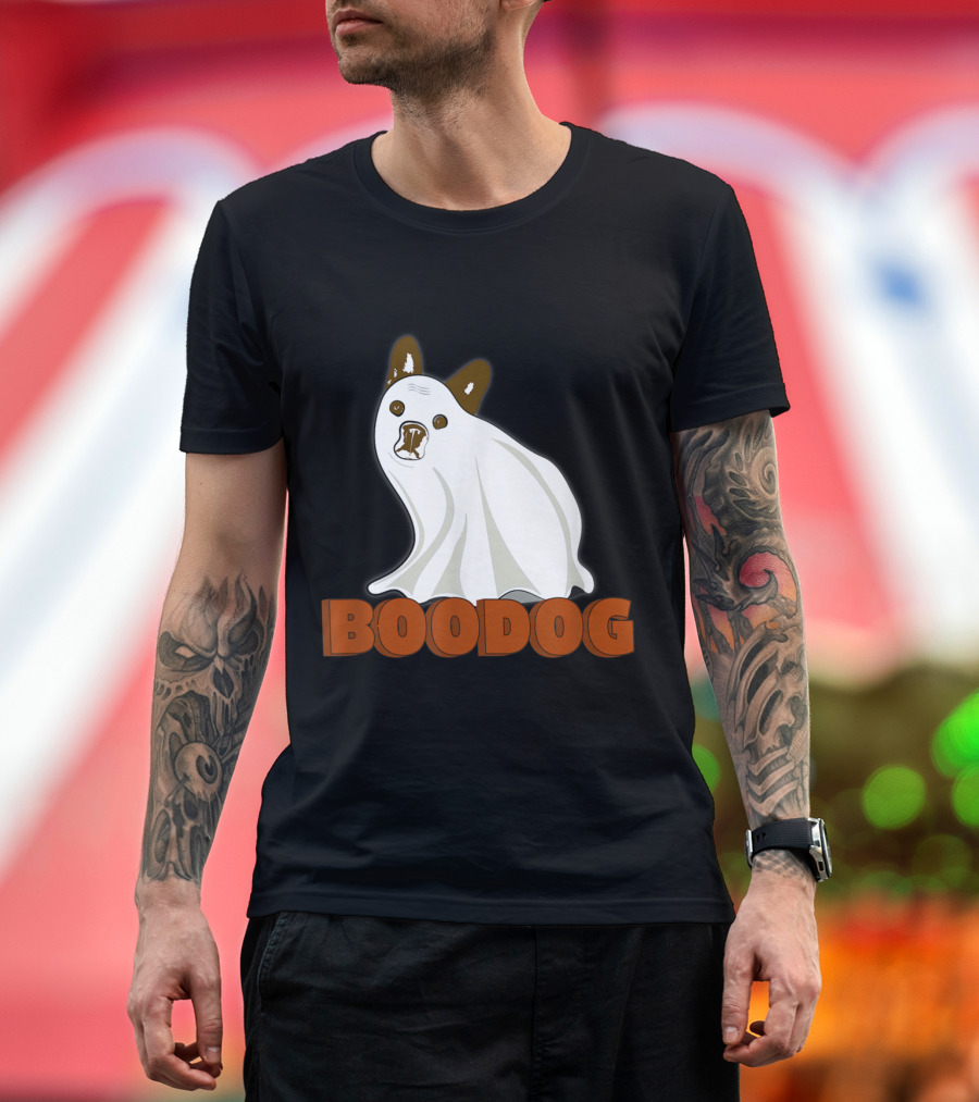 Boo Dog Costume Cute Bulldog Ghost Costume Under Sheet Halloween Fun T-Shirt