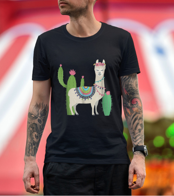 Premium T-Shirt: Llama Lover Adorned With Colorful Blanket, Flowers, and Cactus T-Shirt Llama Lover Adorned With Colorful Blanket, Flowers, and Cactus T-Shirt