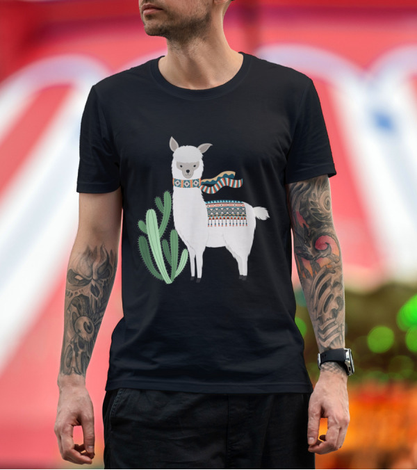 Premium T-Shirt: Cute Llama with Colorful Scarf and Cactus for Llama Lover T-Shirt Cute Llama with Colorful Scarf and Cactus for Llama Lover T-Shirt
