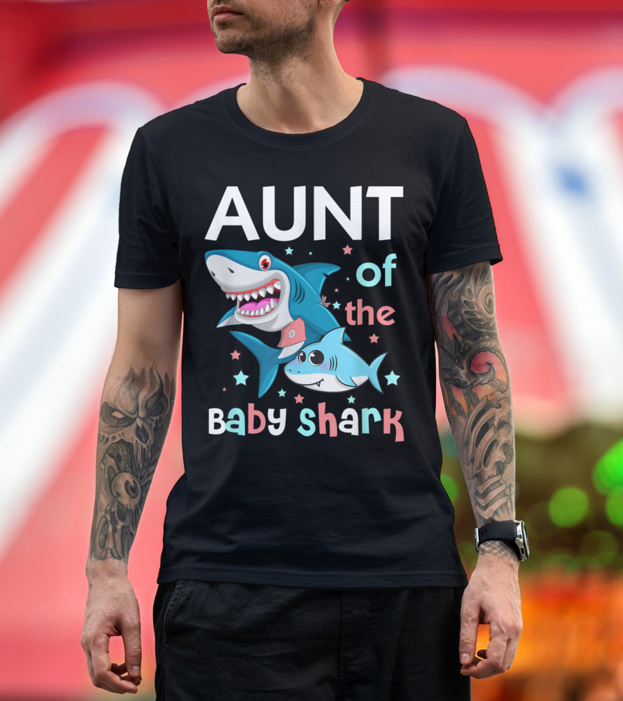 Aunt of the Baby Shark Funny Auntie and Niece Nephew Stars Cartoon T-Shirt