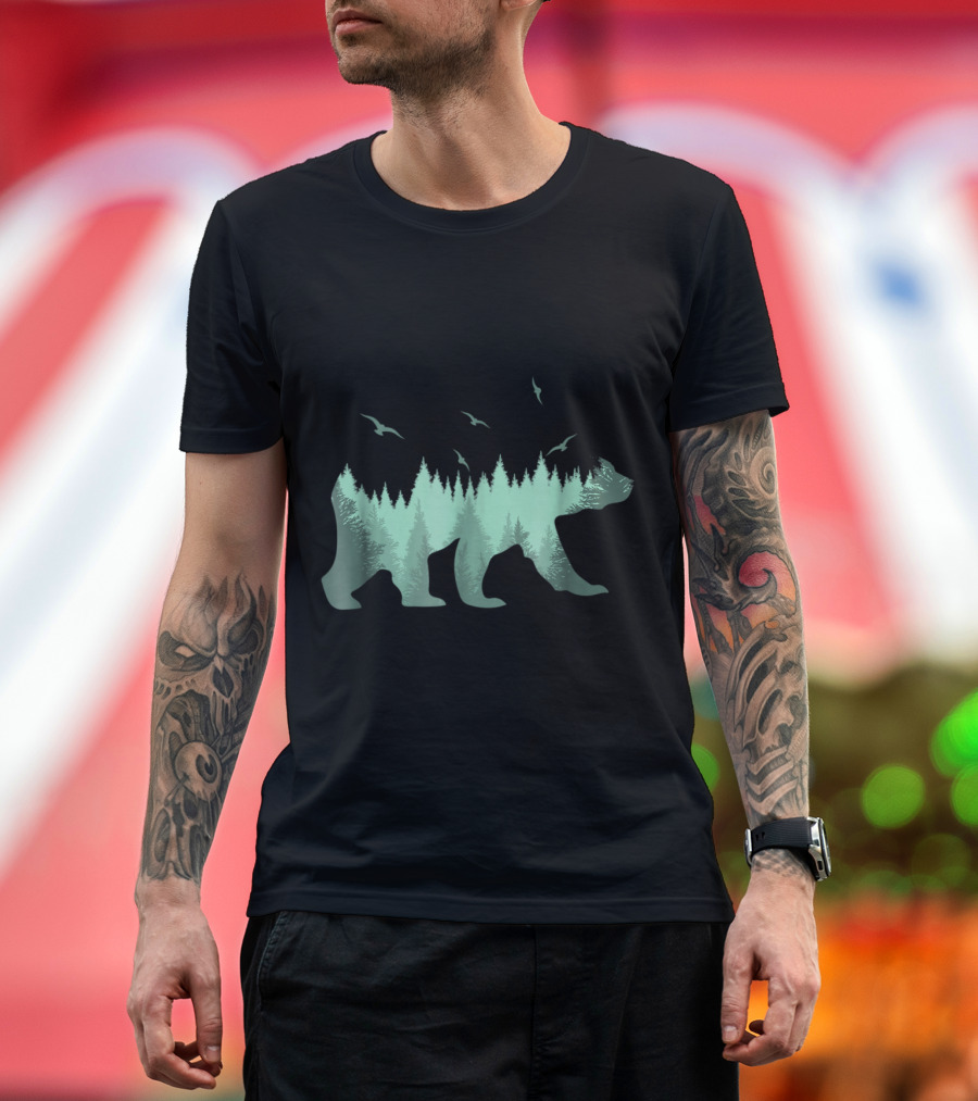 Bear In The Woods Forest Backdrop Green With Eagles T-Shirt