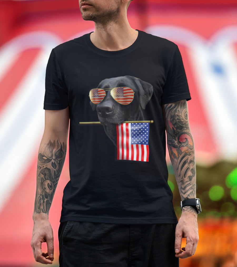Patriotic Labrador Sunglasses with American Flag for 4th of July T-Shirt