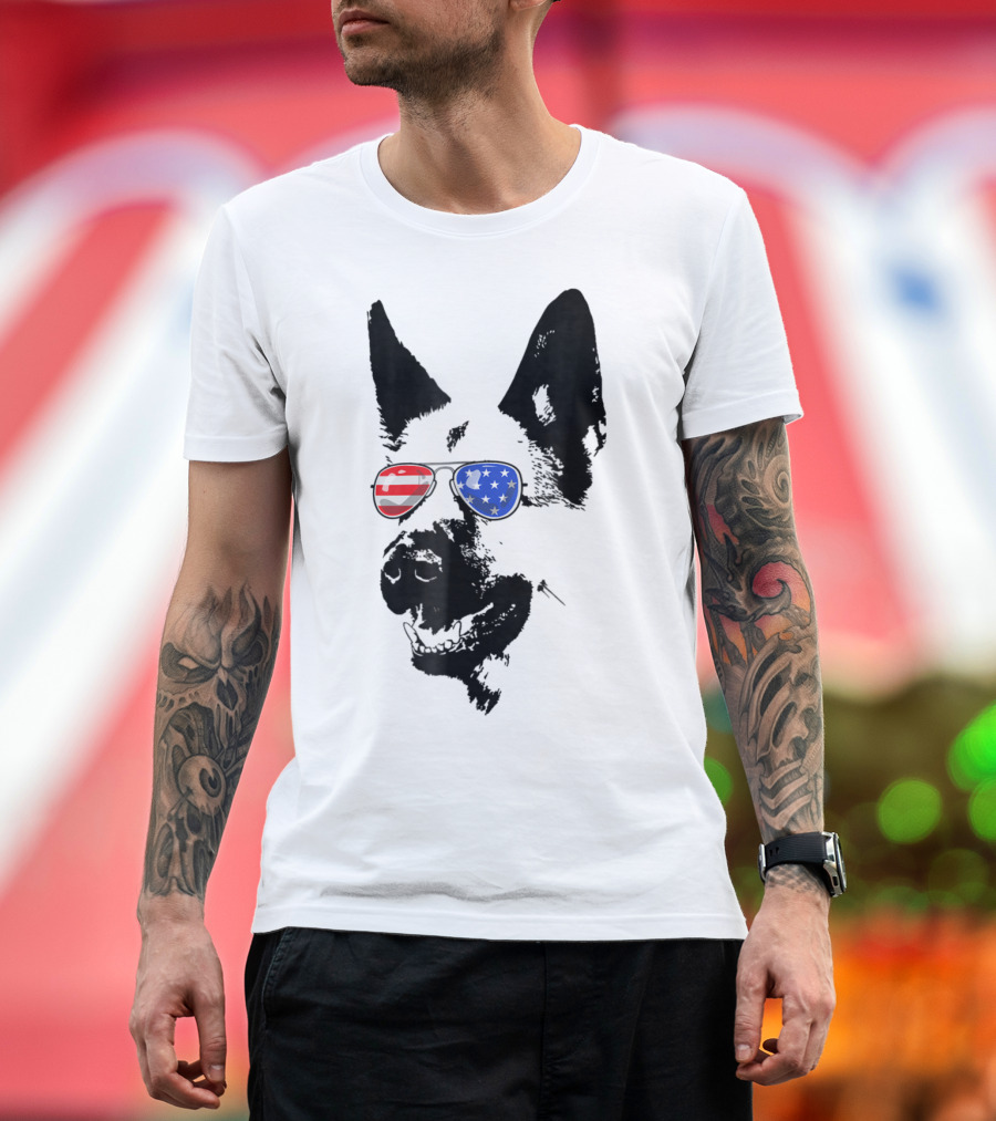 German Shepherd Dog with American Flag Sunglasses for 4th of July T-Shirt