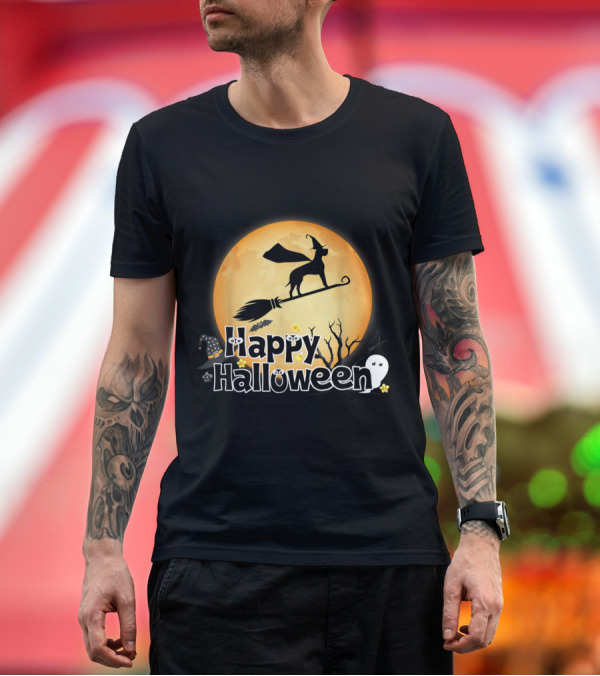 Premium T-Shirt: Great Dane Witch Flying Broomstick Happy Halloween Moon Ghost T-Shirt Great Dane Witch Flying Broomstick Happy Halloween Moon Ghost T-Shirt