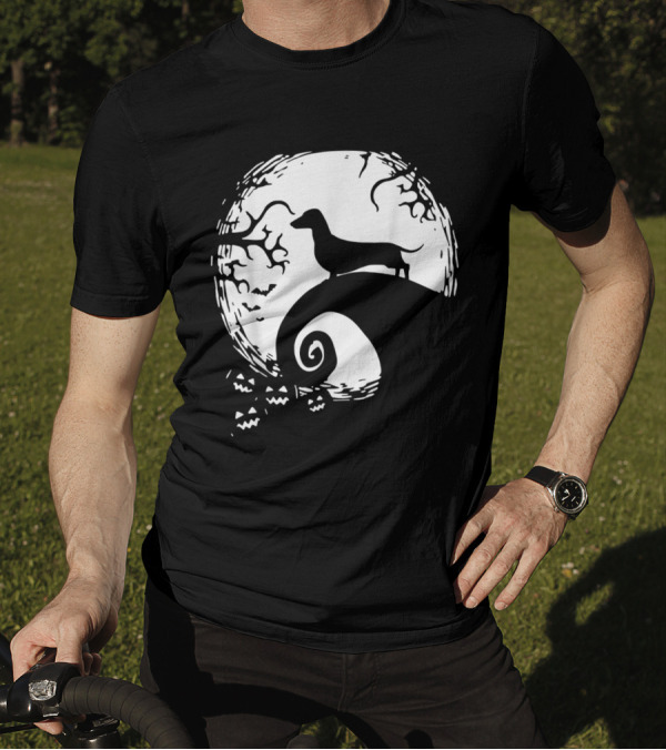 Dachshund On Curled Hill With Halloween Moon And Pumpkins For Dachshund Lovers T-Shirt