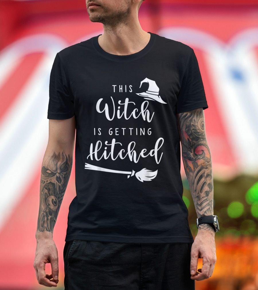 This Witch Is Getting Hitched October Wedding Fall Bridal Hat Broomstick T-Shirt