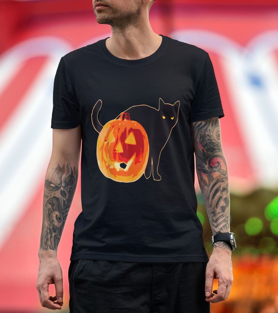Vintage Scary Halloween Black Cat Pumpkin T-Shirt