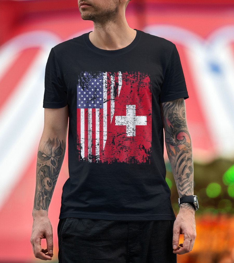 SWISS ROOTS American Flag Grunge Switzerland Cross T-Shirt