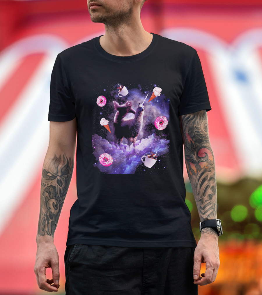 Outer Space Sloth Riding Llama Unicorn with Donut Coffee and Ice Cream Galaxy T-Shirt
